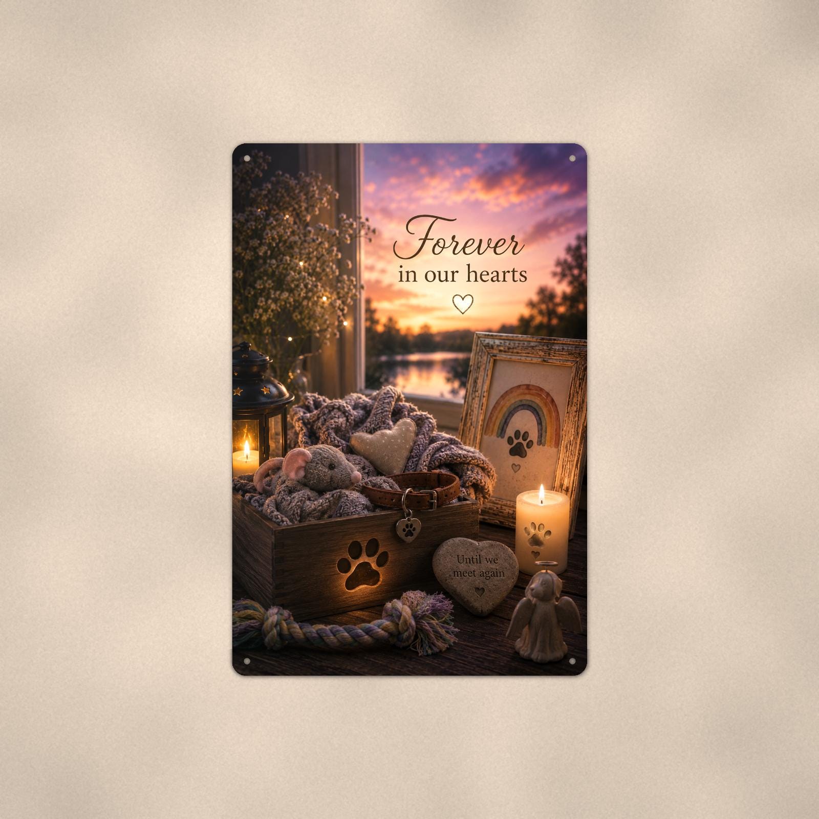 Pet keepsake box with collar under a rainbow memorial art titled "Forever in our hearts" on a 8x12 inch sublimated aluminum sign with rounded corners and mounting holes, shown straight on against a warm neutral wall