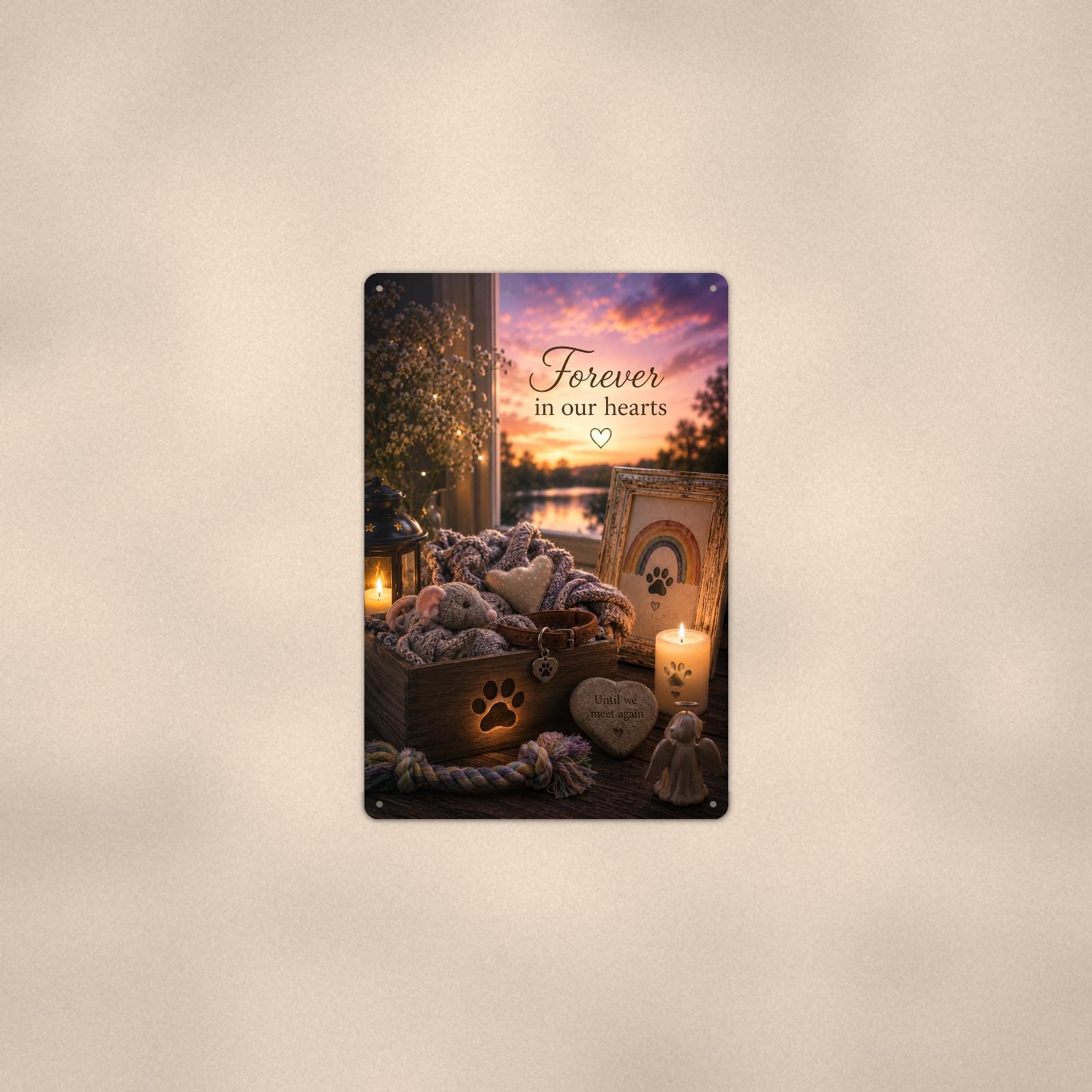 Pet keepsake box with collar under a rainbow memorial art titled "Forever in our hearts" on a 8x12 inch sublimated aluminum sign with rounded corners and mounting holes, shown at mid-distance centered on a warm wall