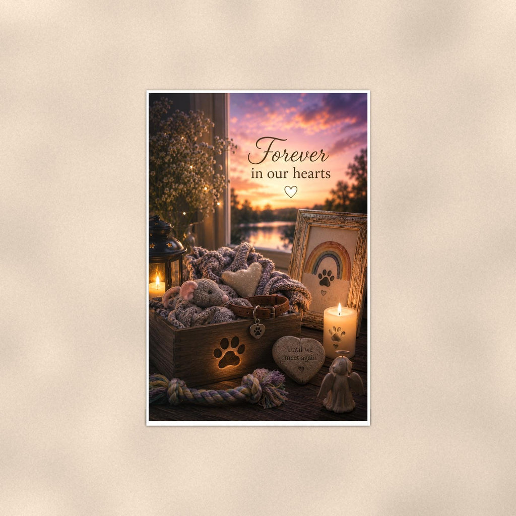 Pet keepsake box with collar under a rainbow memorial art titled "Forever in our hearts" on a 24x36 inch luster poster print with a clean white border, shown straight on against a warm neutral wall