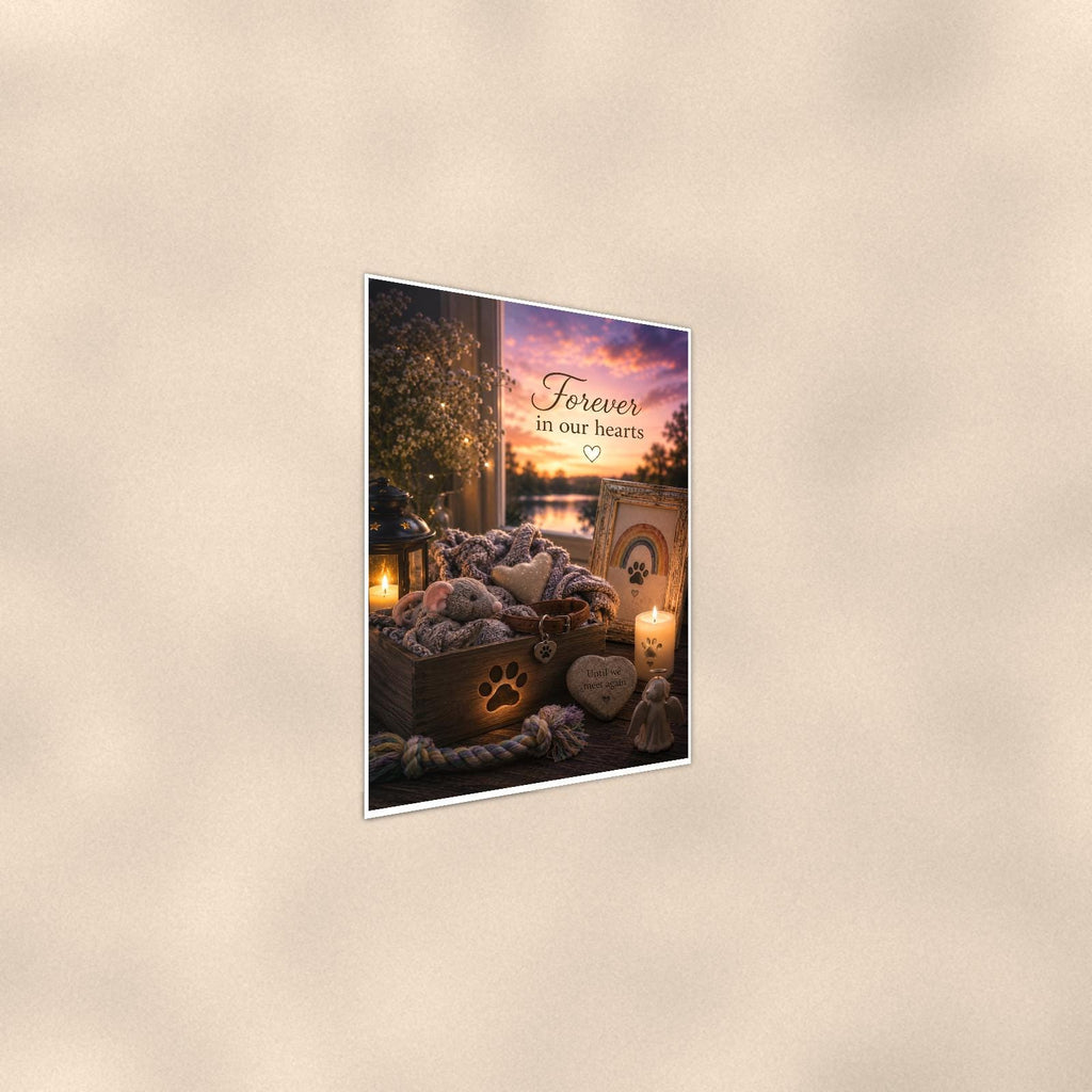 Pet keepsake box with collar under a rainbow memorial art titled "Forever in our hearts" on a 24x36 inch luster poster print with a clean white border, shown at a gentle angle from the other side