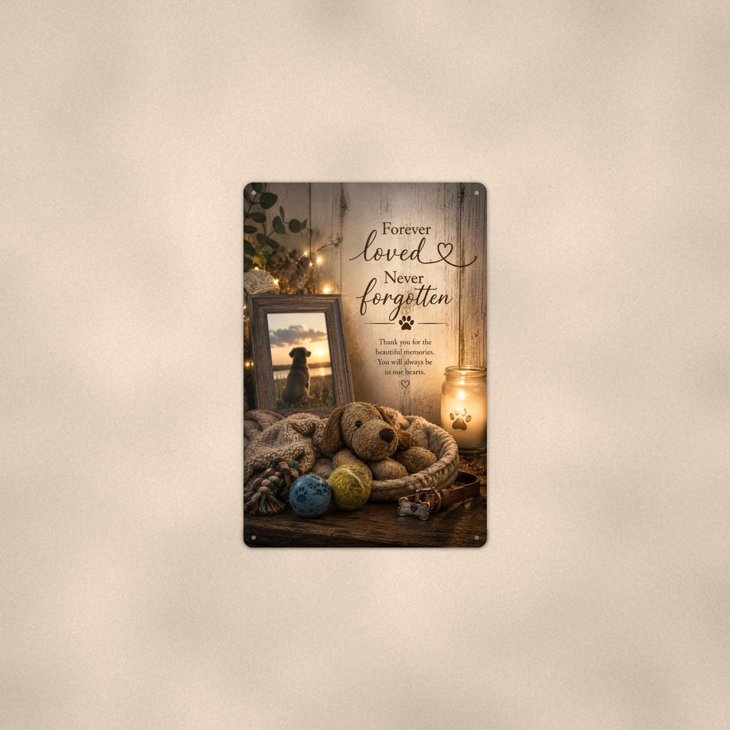 Dog memorial still life with framed photo memorial art titled "Forever loved. Never forgotten" on a 8x12 inch sublimated aluminum sign with rounded corners and mounting holes, shown at mid-distance centered on a warm wall