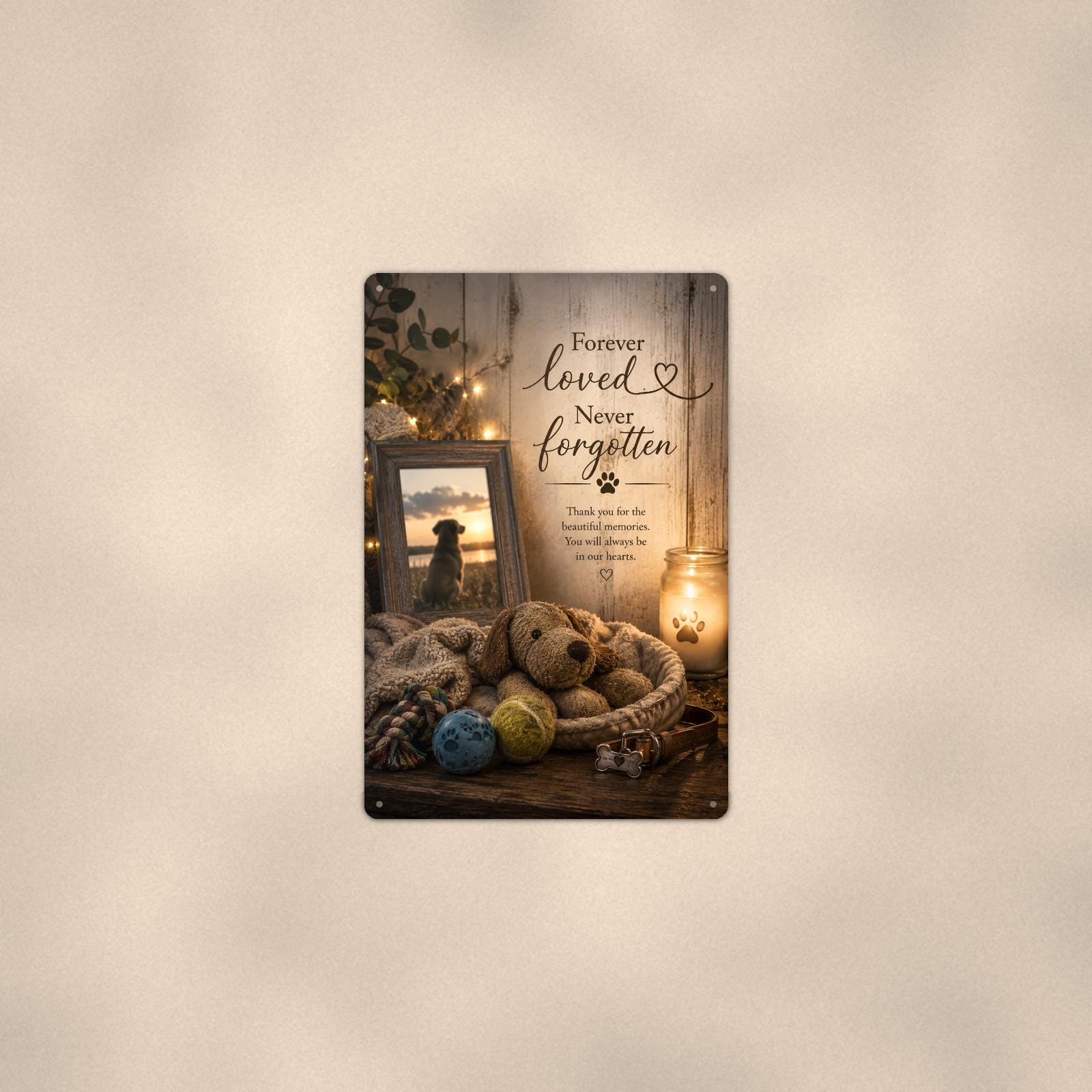 Dog memorial still life with framed photo memorial art titled "Forever loved. Never forgotten" on a 8x12 inch sublimated aluminum sign with rounded corners and mounting holes, shown at mid-distance centered on a warm wall