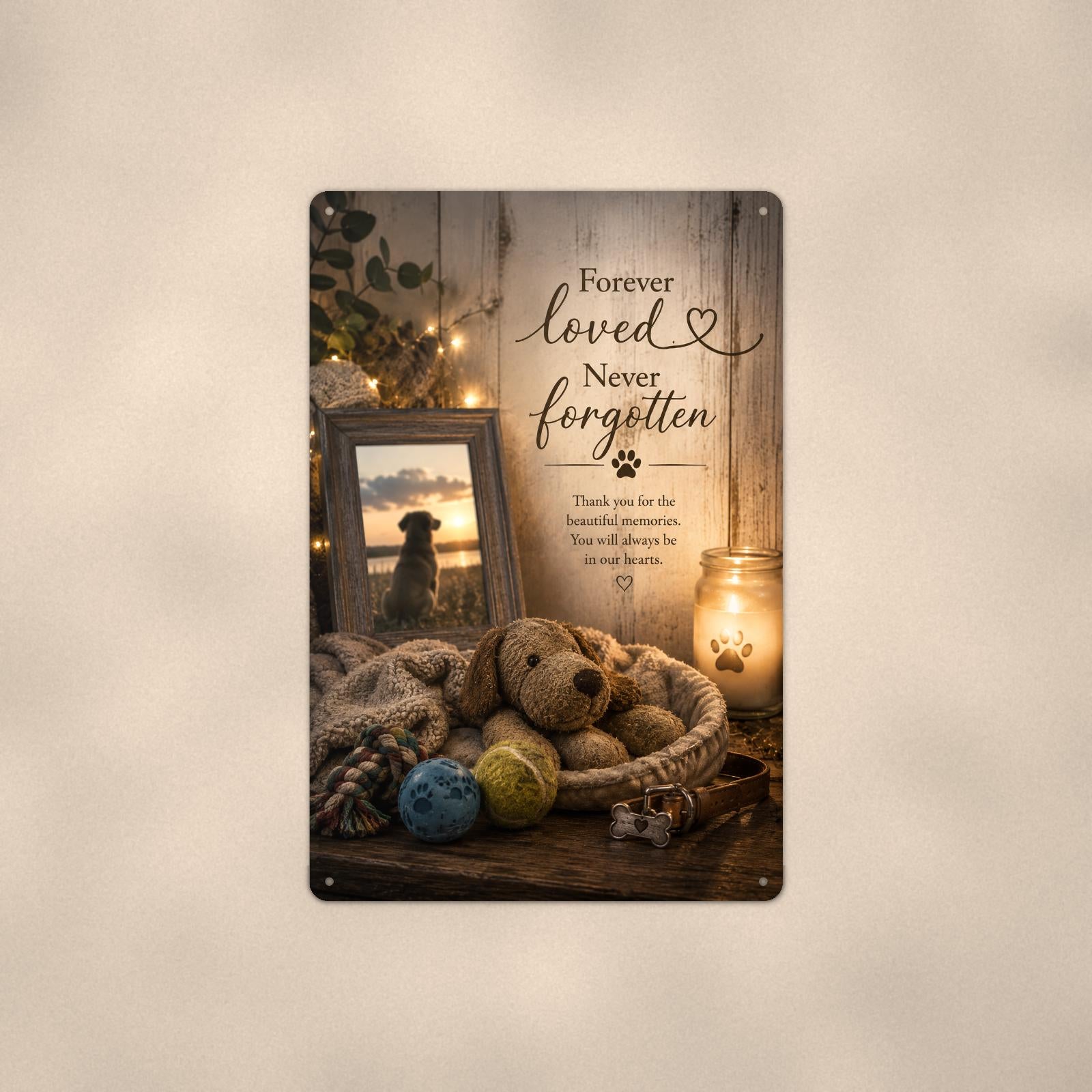 Dog memorial still life with framed photo memorial art titled "Forever loved. Never forgotten" on a 8x12 inch sublimated aluminum sign with rounded corners and mounting holes, shown straight on against a second warm wall tone