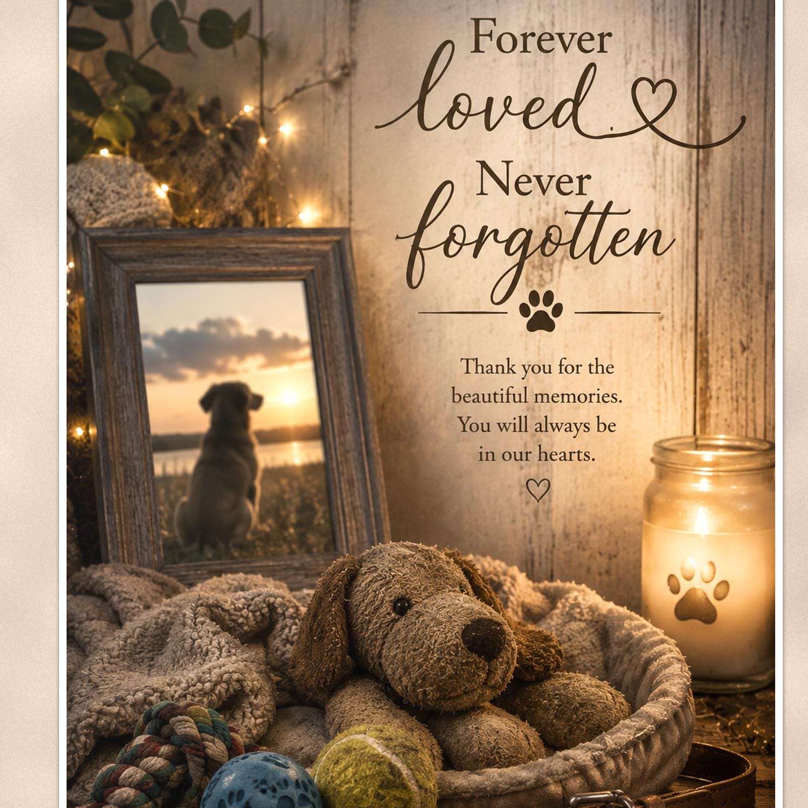 Dog memorial still life with framed photo memorial art titled "Forever loved. Never forgotten" on a 24x36 inch luster poster print with a clean white border, close-up detail of the print filling the frame