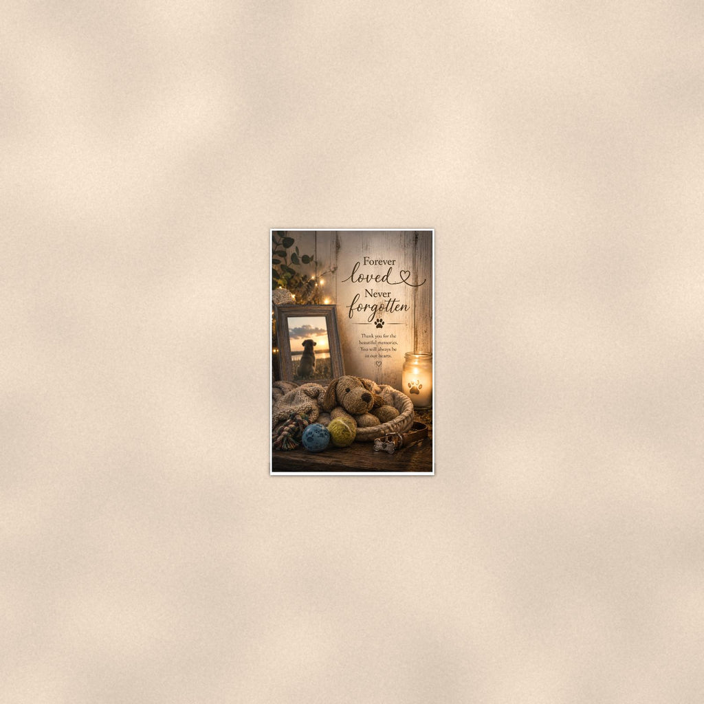 Dog memorial still life with framed photo memorial art titled "Forever loved. Never forgotten" on a 24x36 inch luster poster print with a clean white border, seen from farther back, small on a softly lit wall
