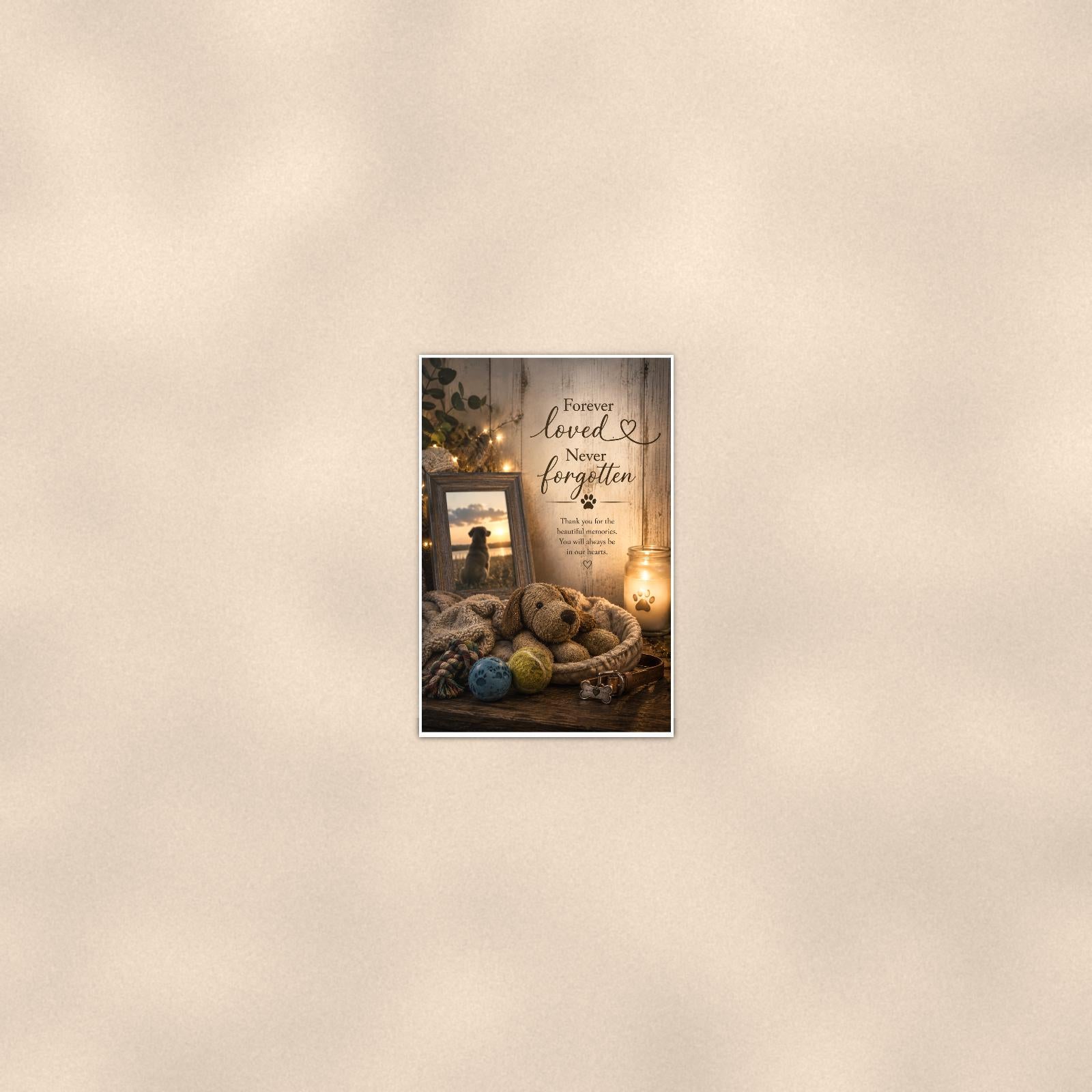 Dog memorial still life with framed photo memorial art titled "Forever loved. Never forgotten" on a 24x36 inch luster poster print with a clean white border, seen from farther back, small on a softly lit wall