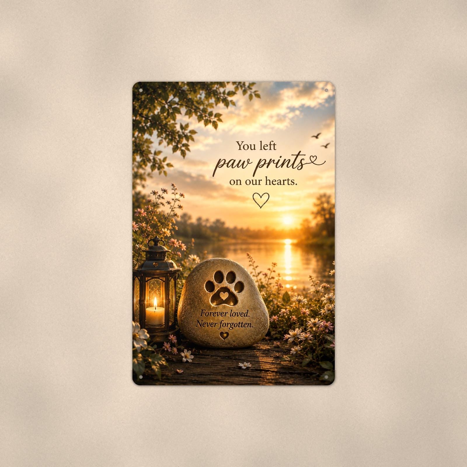 Paw print memorial stone by the lake memorial art titled "You left paw prints on our hearts" on a 8x12 inch sublimated aluminum sign with rounded corners and mounting holes, shown straight on against a warm neutral wall