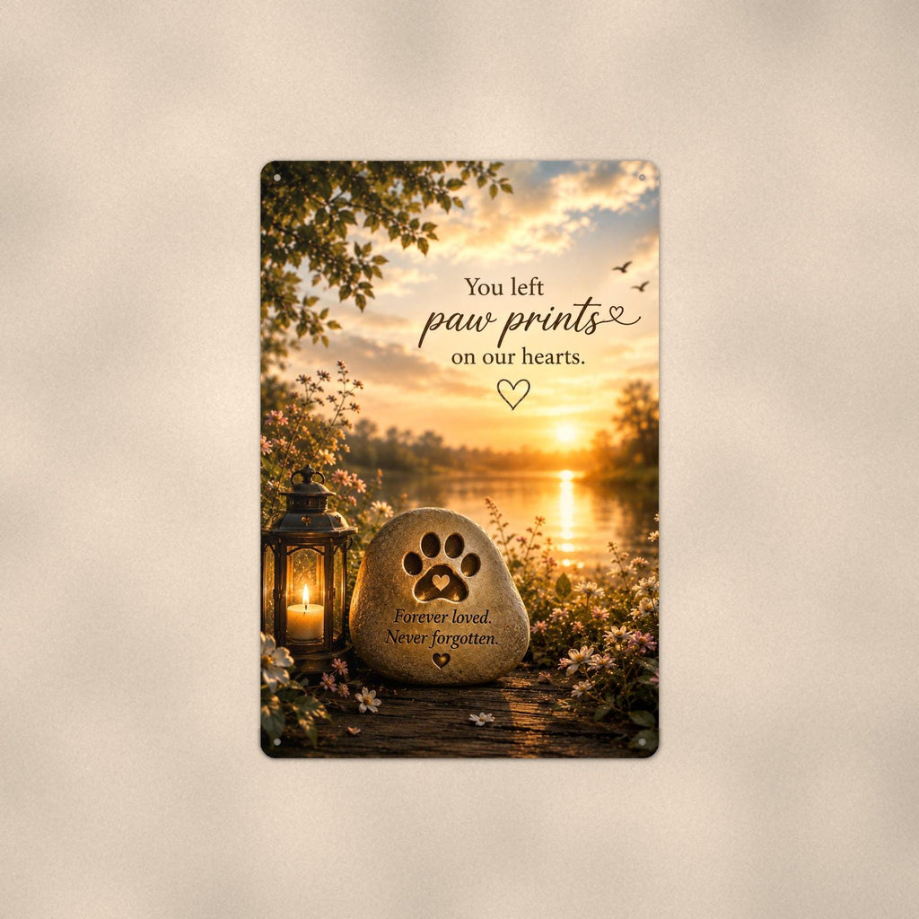 Paw print memorial stone by the lake memorial art titled "You left paw prints on our hearts" on a 8x12 inch sublimated aluminum sign with rounded corners and mounting holes, shown straight on against a second warm wall tone