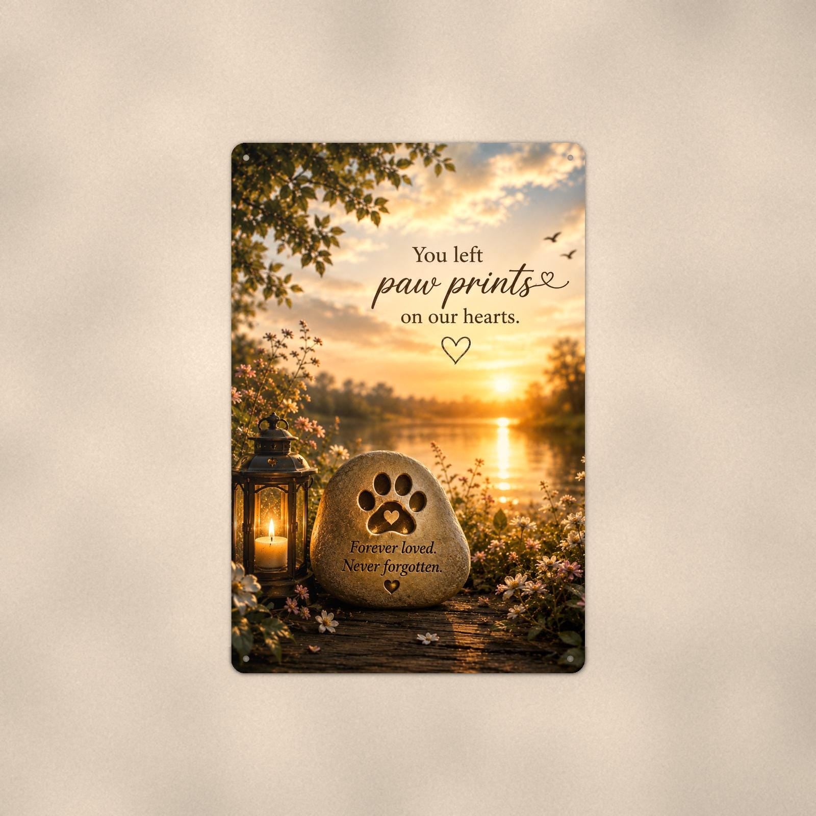 Paw print memorial stone by the lake memorial art titled "You left paw prints on our hearts" on a 8x12 inch sublimated aluminum sign with rounded corners and mounting holes, shown straight on against a second warm wall tone
