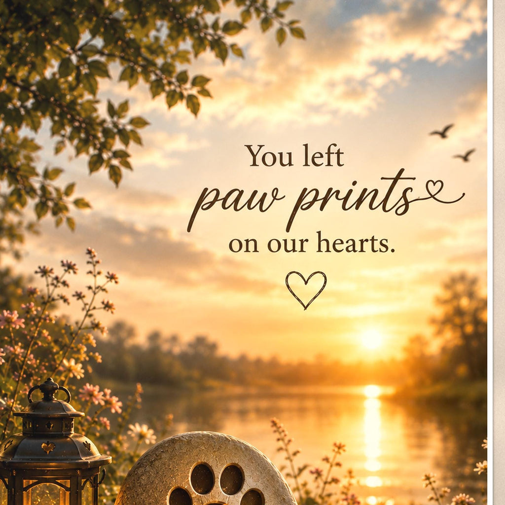 Paw print memorial stone by the lake memorial art titled "You left paw prints on our hearts" on a 24x36 inch luster poster print with a clean white border, close-up detail of the print filling the frame