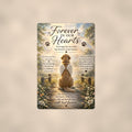Golden retriever with angel wings memorial art titled "Forever In Our Hearts" on a 8x12 inch sublimated aluminum sign with rounded corners and mounting holes, shown straight on against a warm neutral wall