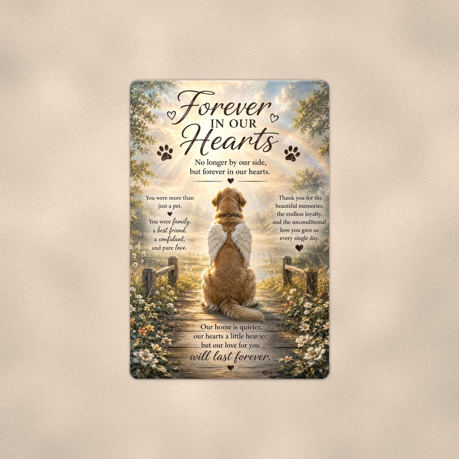 Golden retriever with angel wings memorial art titled "Forever In Our Hearts" on a 8x12 inch sublimated aluminum sign with rounded corners and mounting holes, shown straight on against a warm neutral wall