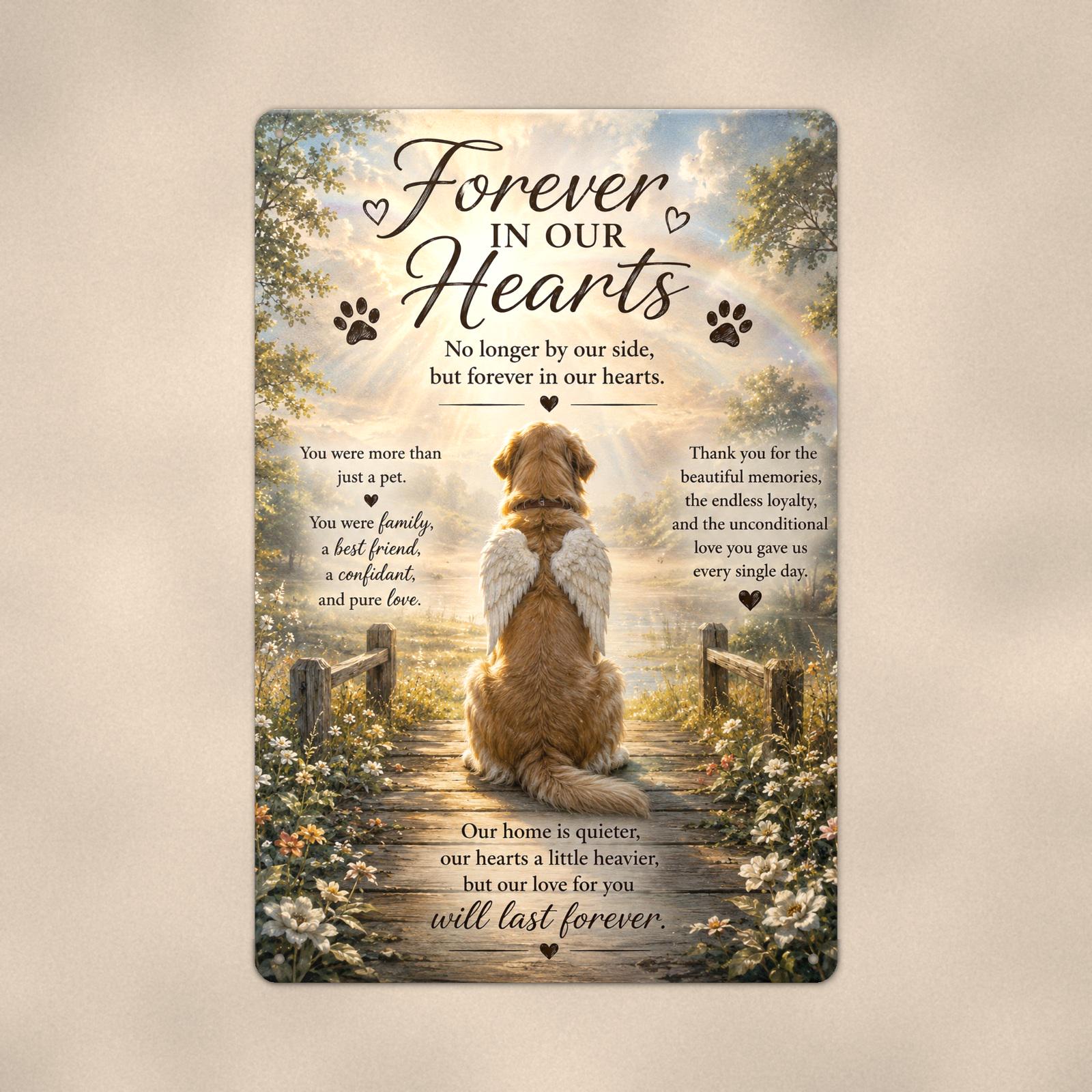 Golden retriever with angel wings memorial art titled "Forever In Our Hearts" on a 8x12 inch sublimated aluminum sign with rounded corners and mounting holes, close-up view filling the frame, showing the smooth sublimated print surface