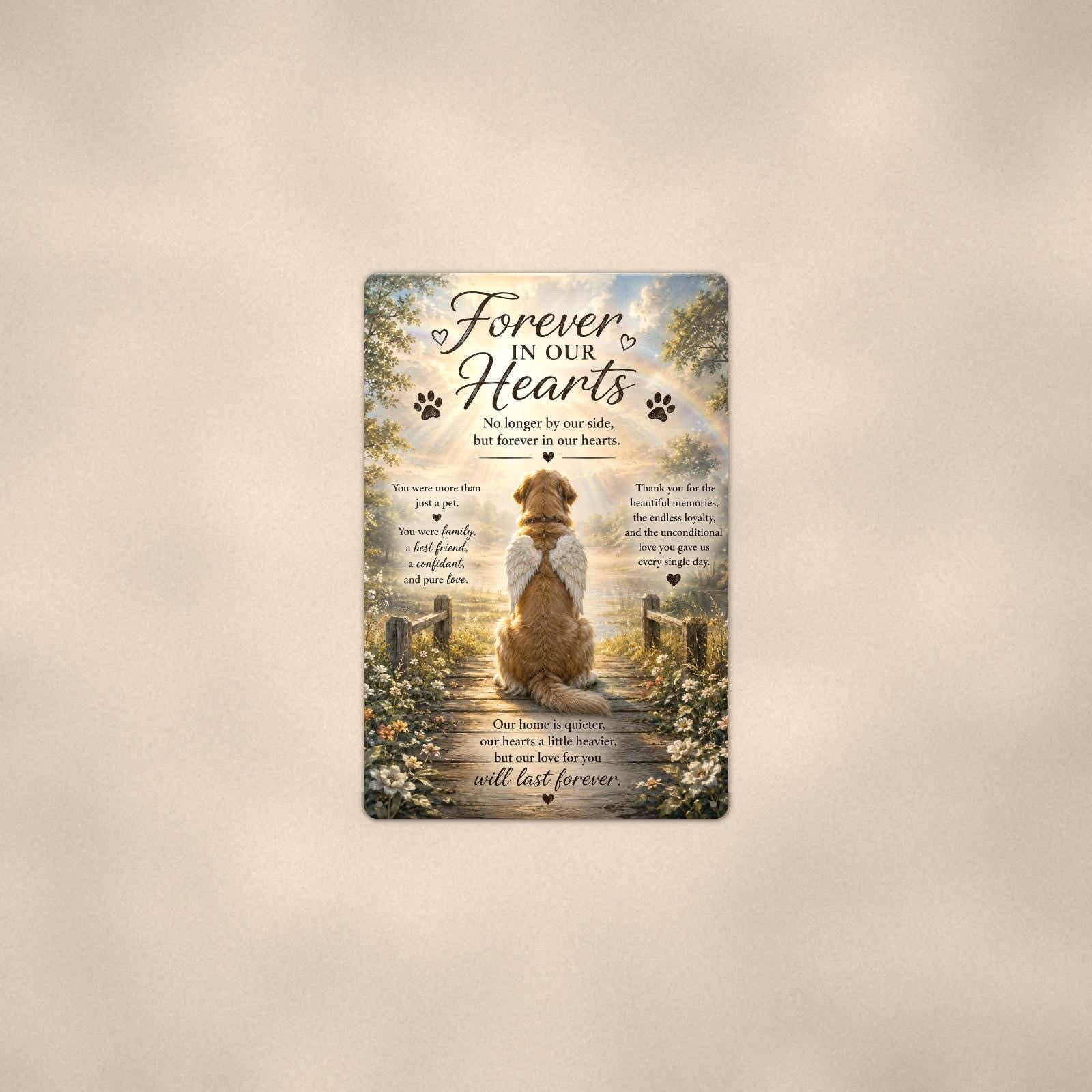 Golden retriever with angel wings memorial art titled "Forever In Our Hearts" on a 8x12 inch sublimated aluminum sign with rounded corners and mounting holes, shown at mid-distance centered on a warm wall