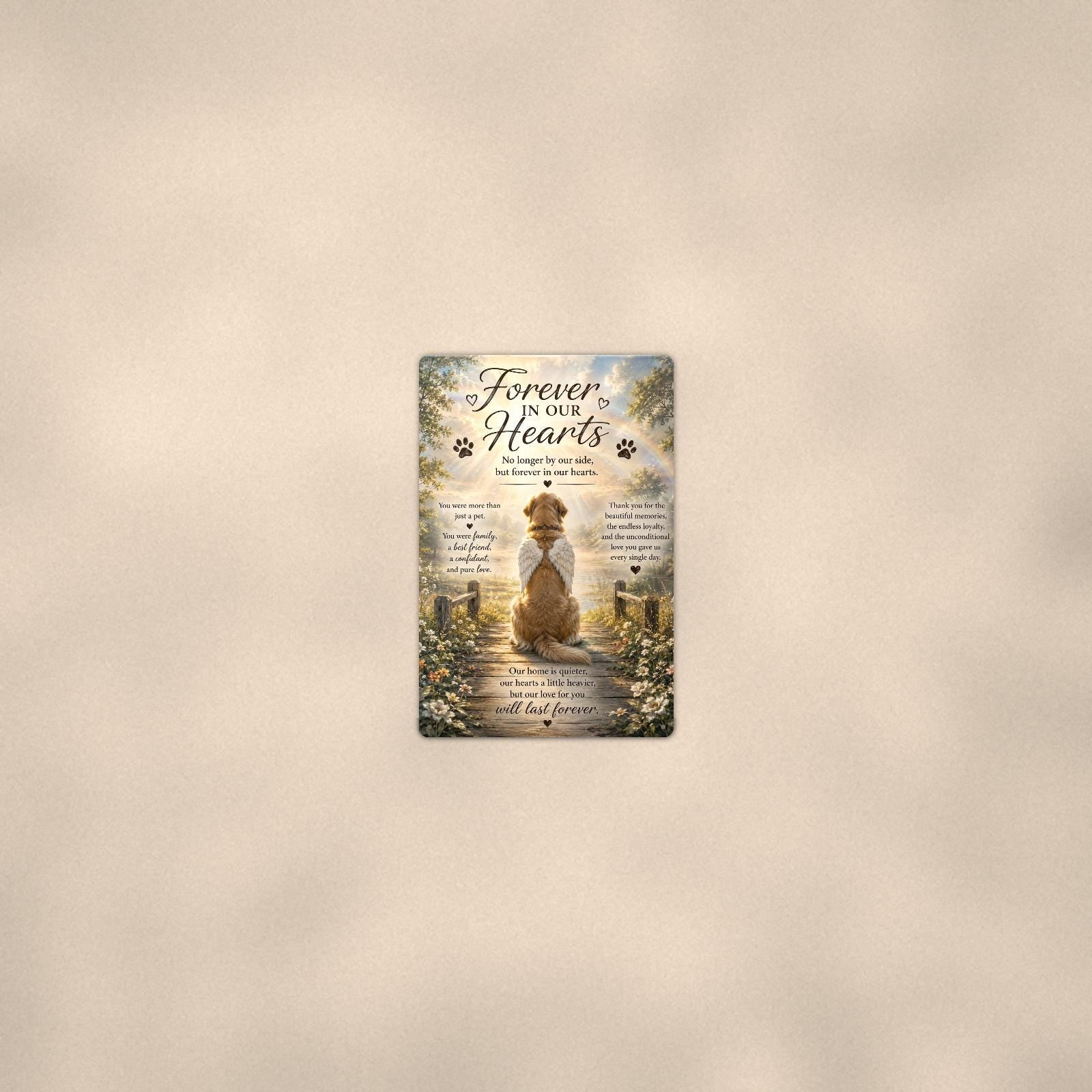 Golden retriever with angel wings memorial art titled "Forever In Our Hearts" on a 8x12 inch sublimated aluminum sign with rounded corners and mounting holes, seen from farther back, small on a softly lit wall