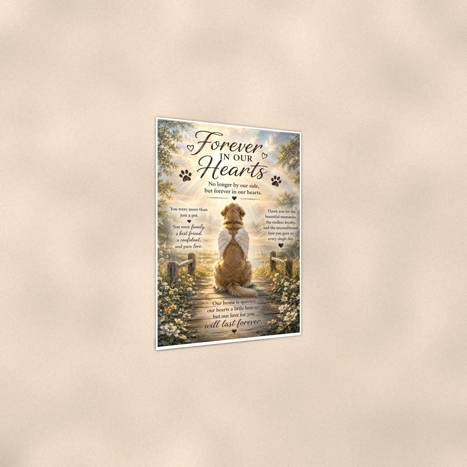 Golden retriever with angel wings memorial art titled "Forever In Our Hearts" on a 24x36 inch luster poster print with a clean white border, shown at a three-quarter angle on the wall