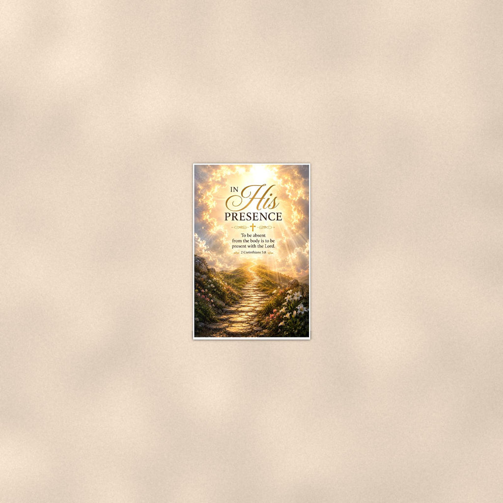 Sunlit stone path rising into radiant clouds memorial art titled "In His Presence" on a 24x36 inch luster poster print with a clean white border, seen from farther back, small on a softly lit wall