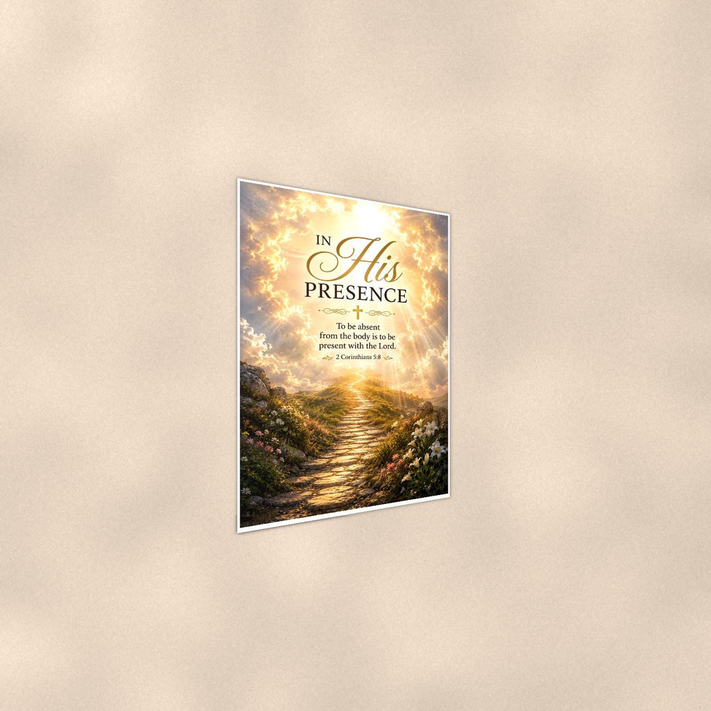 Sunlit stone path rising into radiant clouds memorial art titled "In His Presence" on a 24x36 inch luster poster print with a clean white border, shown at a gentle angle from the other side