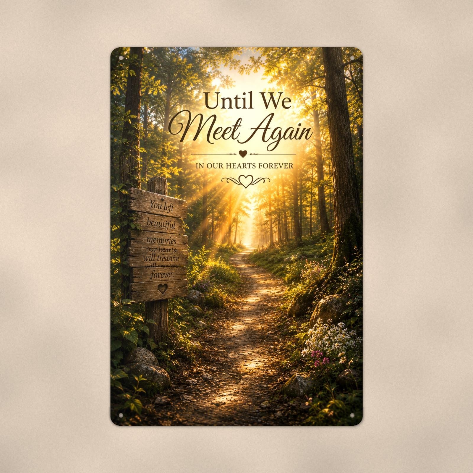 Sunlit forest path with a rustic memory sign memorial art titled "Until We Meet Again - In Our Hearts Forever" on a 8x12 inch sublimated aluminum sign with rounded corners and mounting holes, close-up view filling the frame, showing the smooth sublim