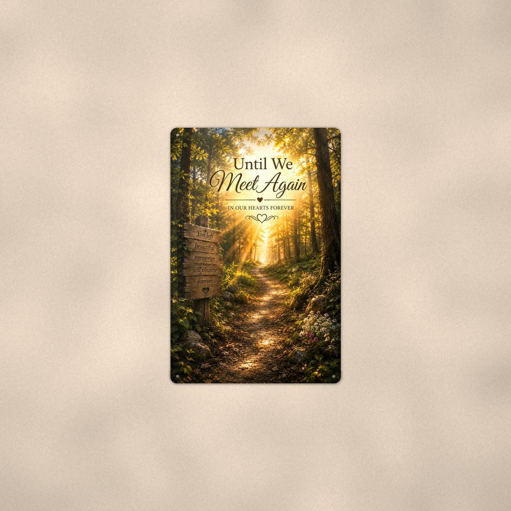Sunlit forest path with a rustic memory sign memorial art titled "Until We Meet Again - In Our Hearts Forever" on a 8x12 inch sublimated aluminum sign with rounded corners and mounting holes, shown at mid-distance centered on a warm wall