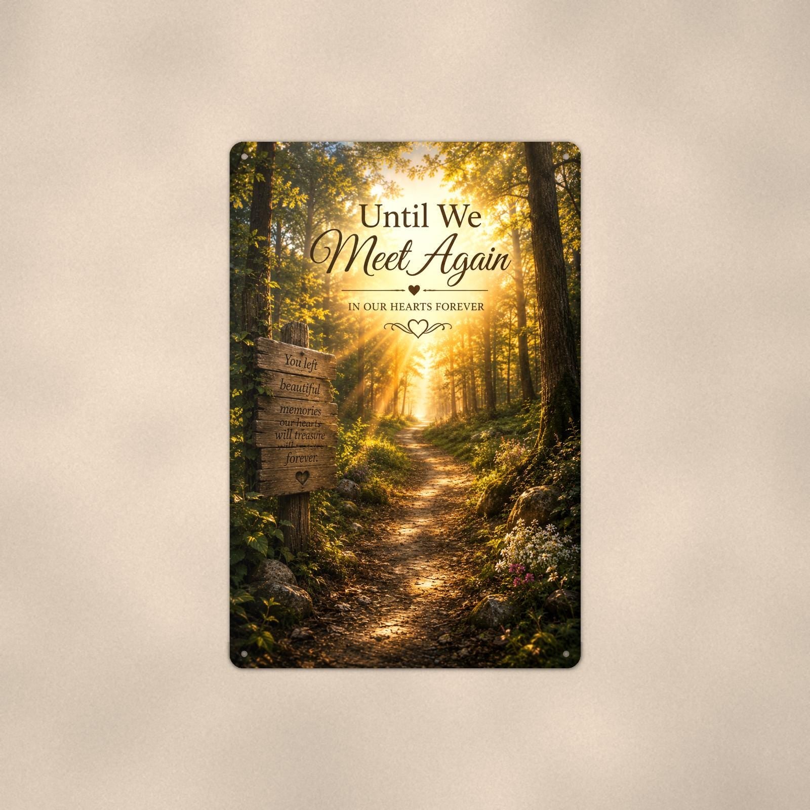 Sunlit forest path with a rustic memory sign memorial art titled "Until We Meet Again - In Our Hearts Forever" on a 8x12 inch sublimated aluminum sign with rounded corners and mounting holes, shown straight on against a second warm wall tone