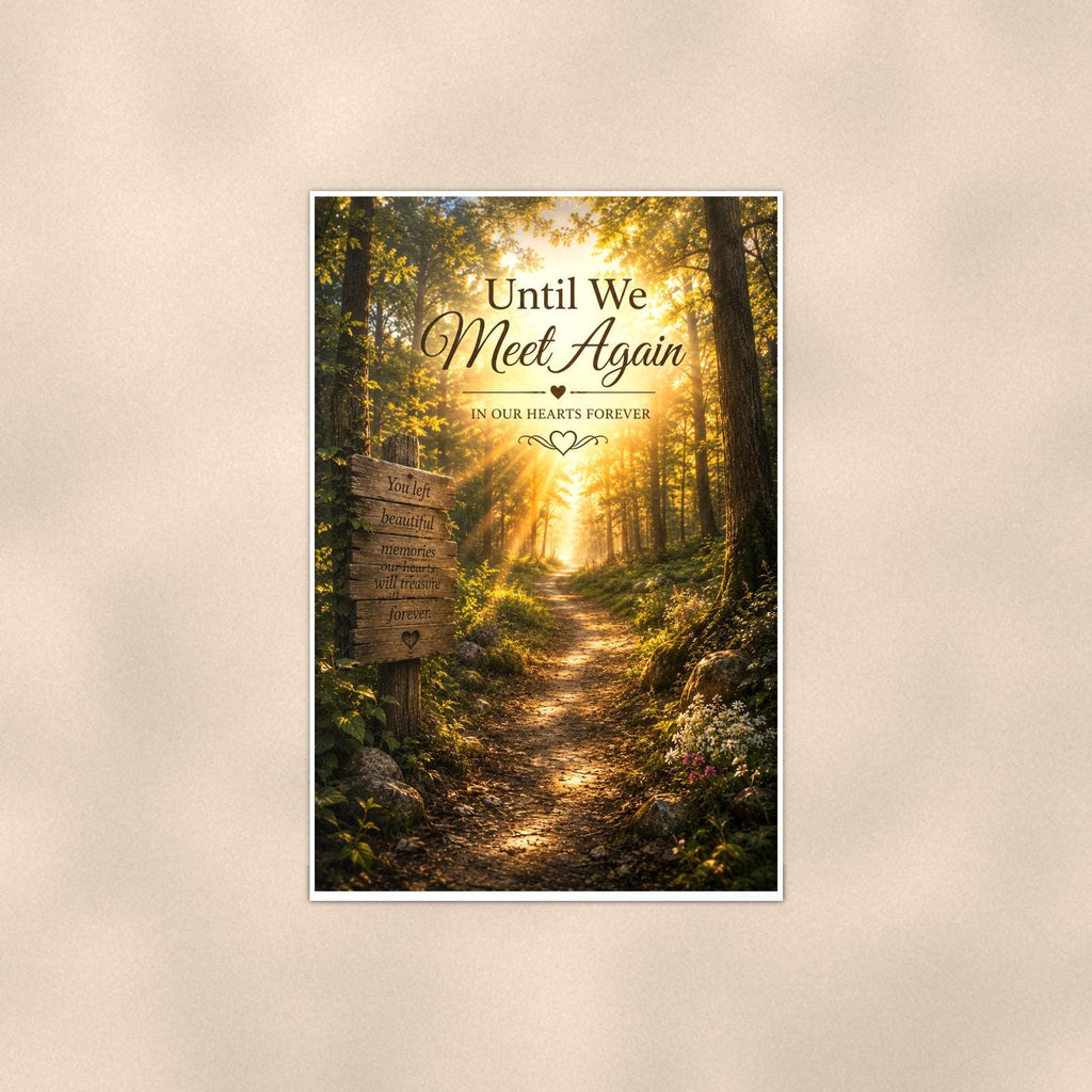 Sunlit forest path with a rustic memory sign memorial art titled "Until We Meet Again - In Our Hearts Forever" on a 24x36 inch luster poster print with a clean white border, shown straight on against a warm neutral wall