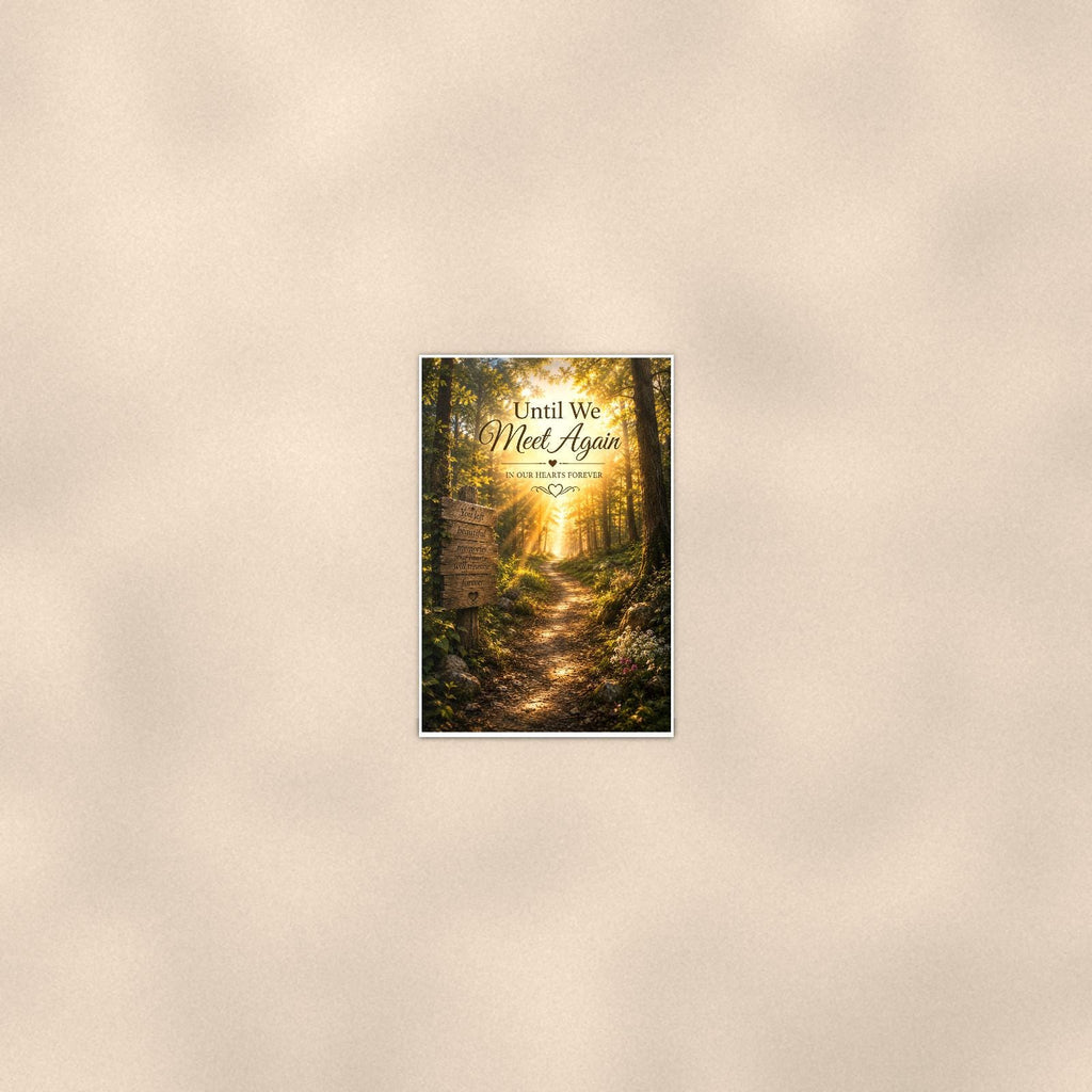 Sunlit forest path with a rustic memory sign memorial art titled "Until We Meet Again - In Our Hearts Forever" on a 24x36 inch luster poster print with a clean white border, seen from farther back, small on a softly lit wall