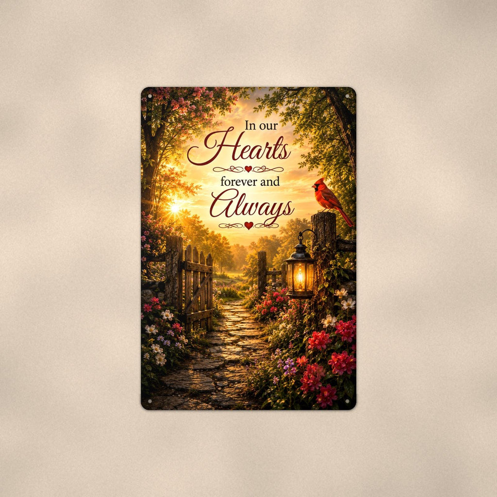 Cardinal at the garden gate with a lantern memorial art titled "In our Hearts forever and Always" on a 8x12 inch sublimated aluminum sign with rounded corners and mounting holes, shown straight on against a warm neutral wall