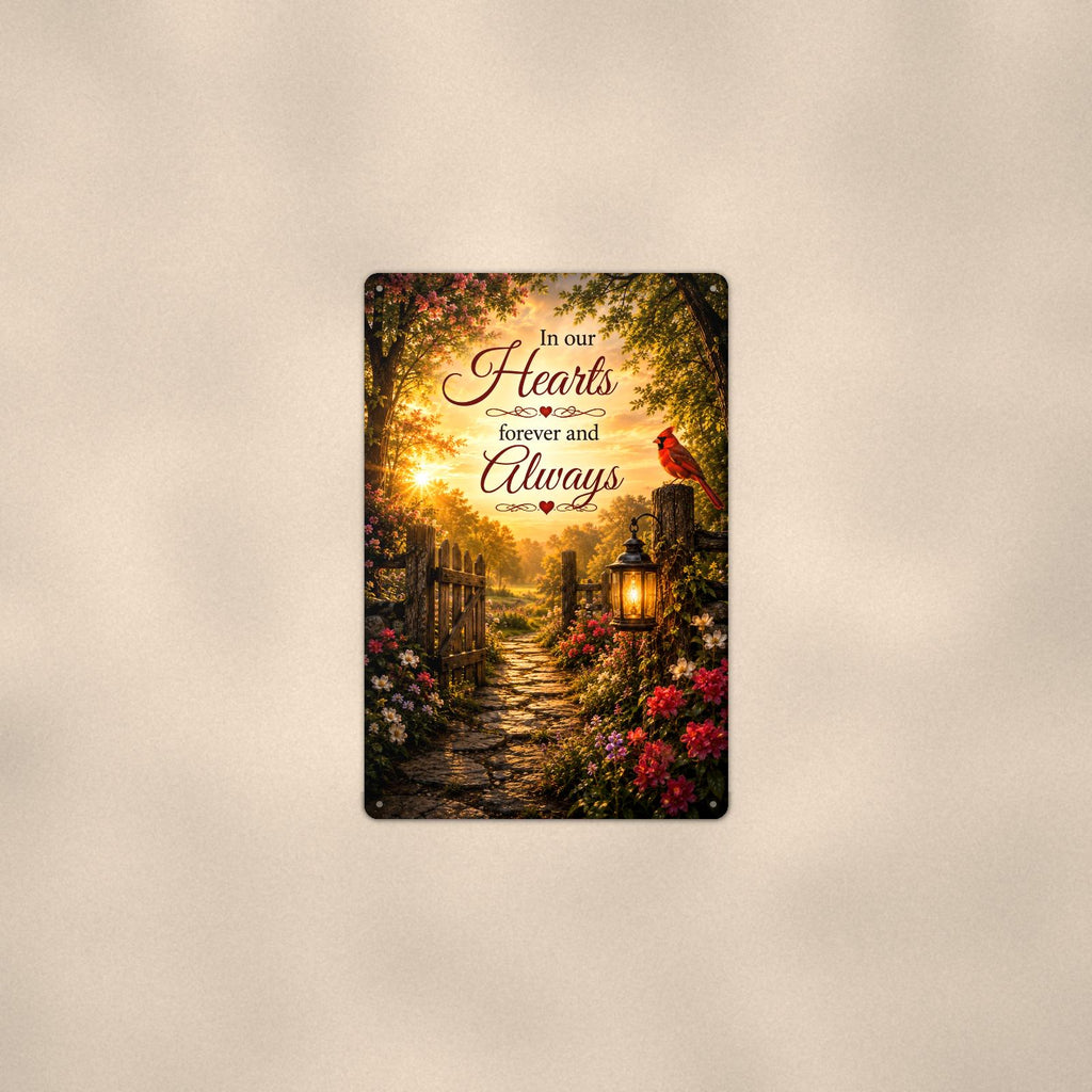 Cardinal at the garden gate with a lantern memorial art titled "In our Hearts forever and Always" on a 8x12 inch sublimated aluminum sign with rounded corners and mounting holes, shown at mid-distance centered on a warm wall