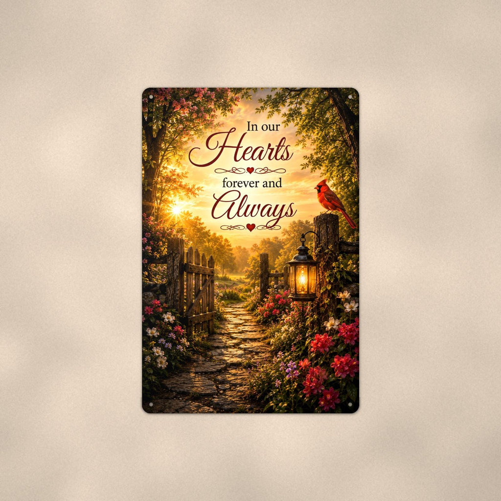 Cardinal at the garden gate with a lantern memorial art titled "In our Hearts forever and Always" on a 8x12 inch sublimated aluminum sign with rounded corners and mounting holes, shown straight on against a second warm wall tone