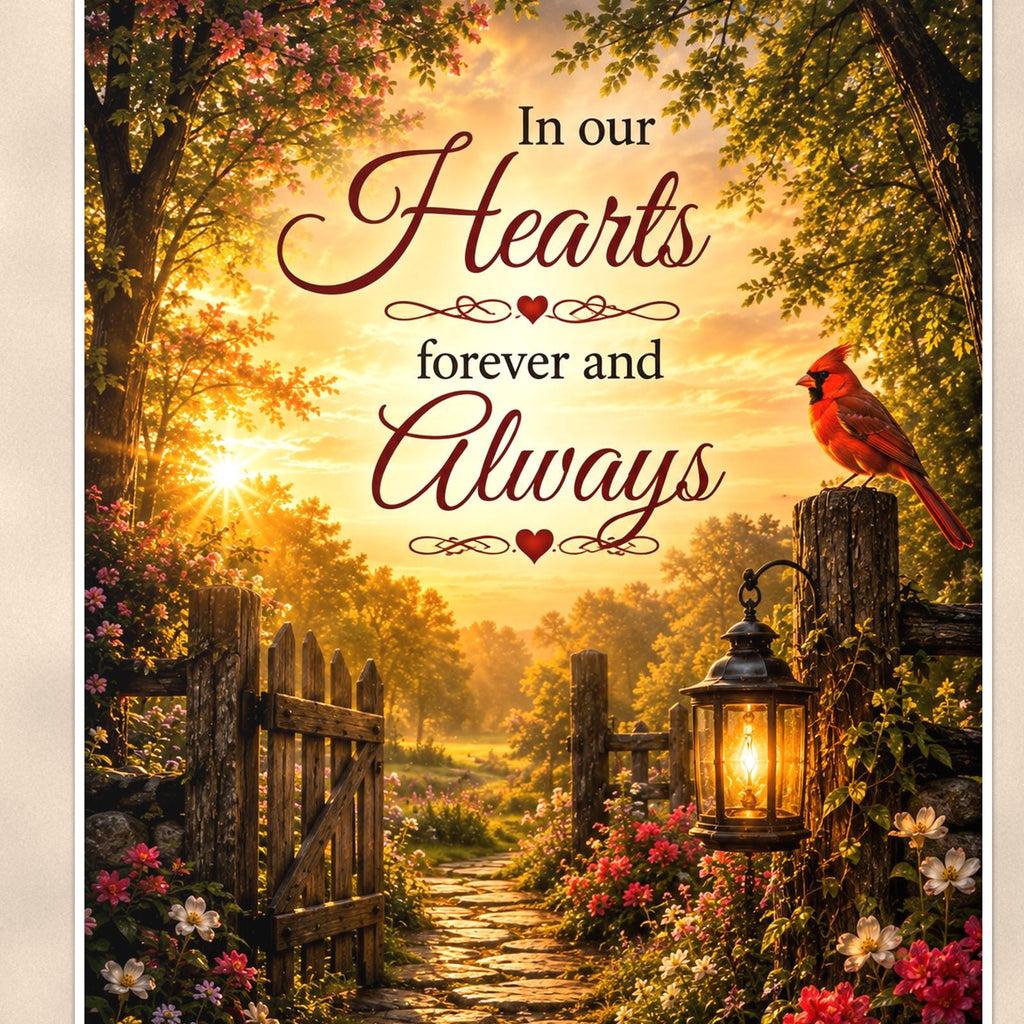Cardinal at the garden gate with a lantern memorial art titled "In our Hearts forever and Always" on a 24x36 inch luster poster print with a clean white border, close-up detail of the print filling the frame