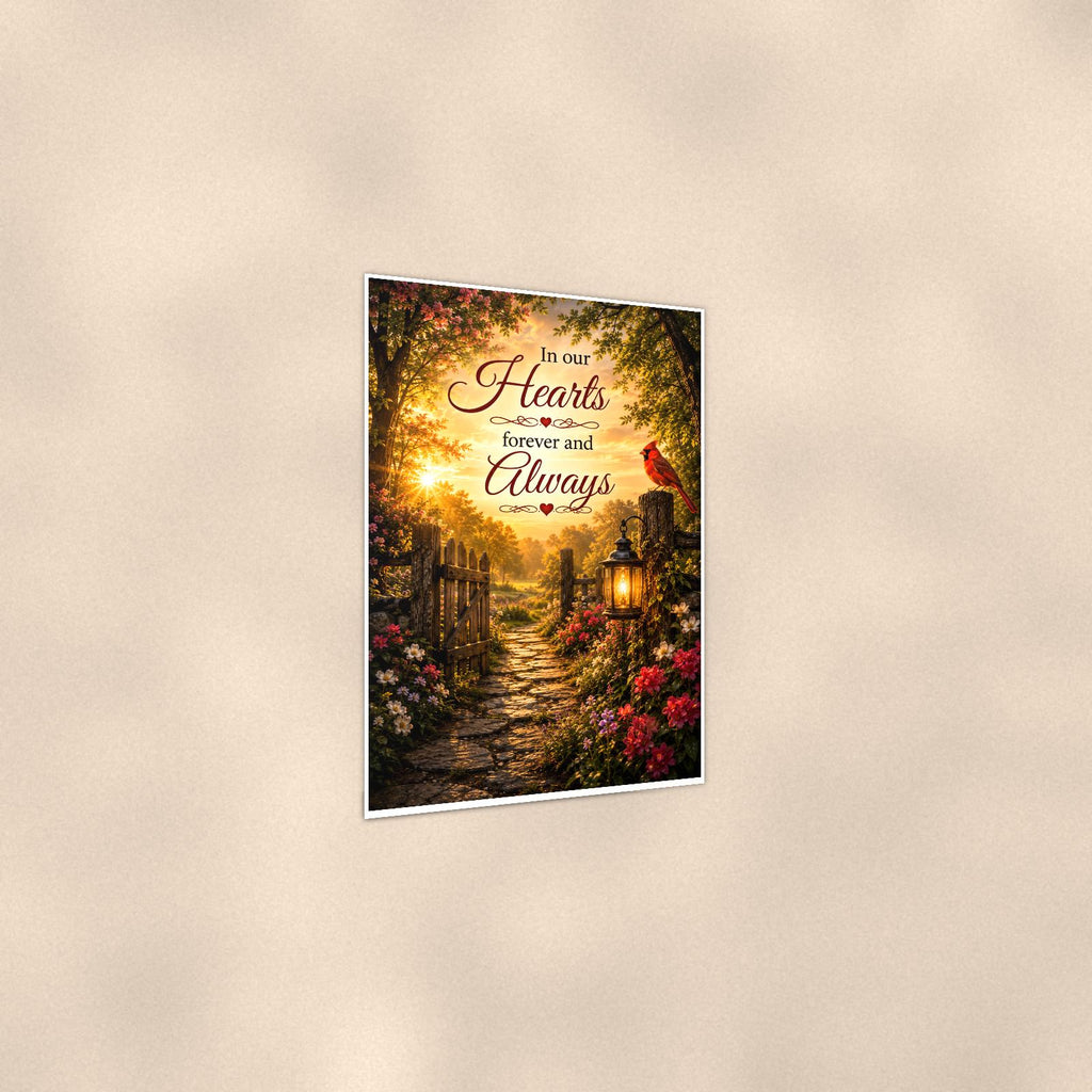 Cardinal at the garden gate with a lantern memorial art titled "In our Hearts forever and Always" on a 24x36 inch luster poster print with a clean white border, shown at a three-quarter angle on the wall