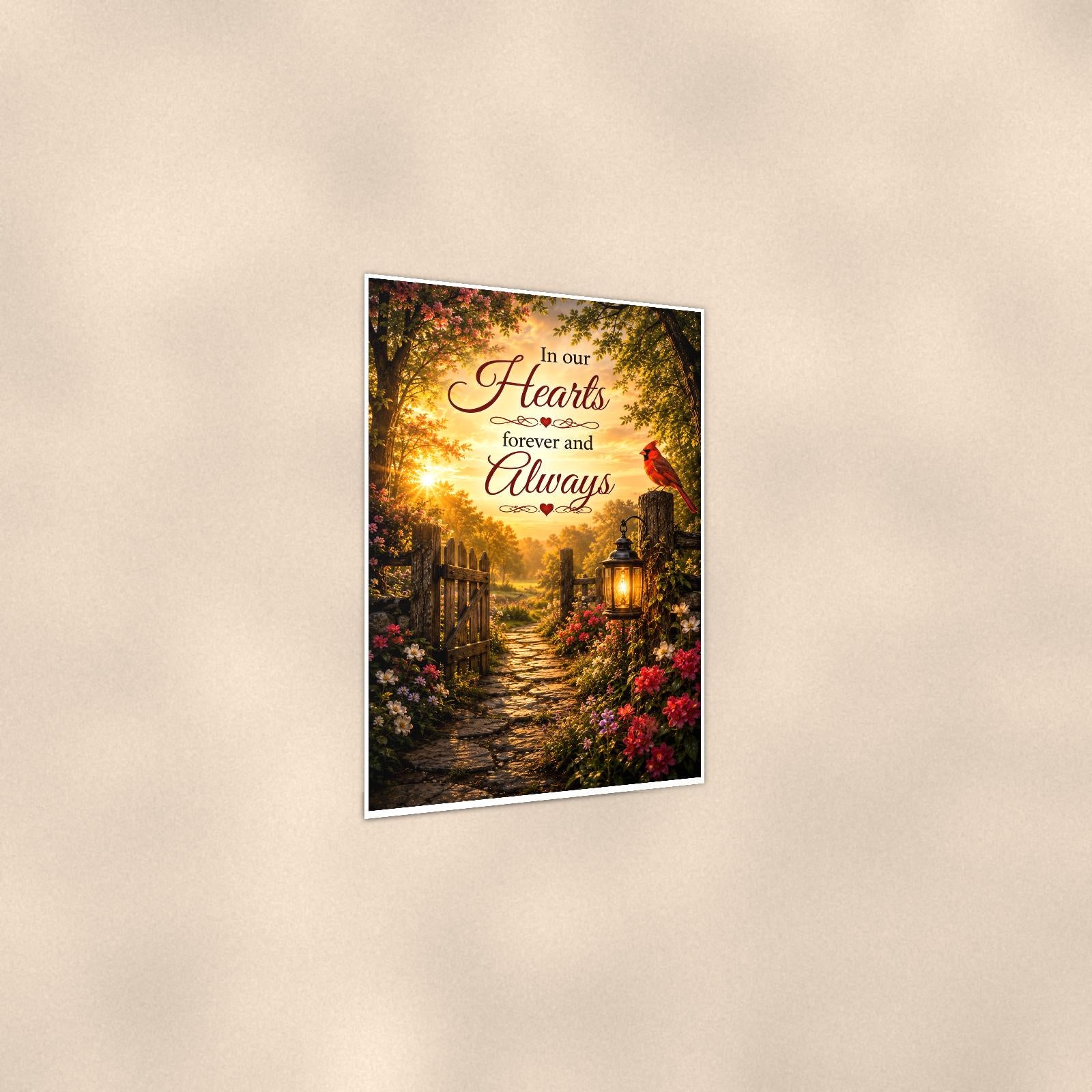 Cardinal at the garden gate with a lantern memorial art titled "In our Hearts forever and Always" on a 24x36 inch luster poster print with a clean white border, shown at a three-quarter angle on the wall