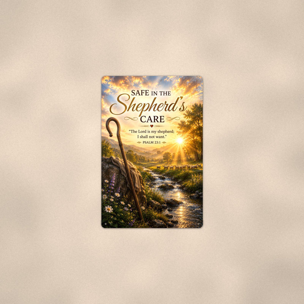 Shepherd's crook watching over a peaceful flock memorial art titled "Safe in the Shepherd's Care" on a 8x12 inch sublimated aluminum sign with rounded corners and mounting holes, shown at mid-distance centered on a warm wall