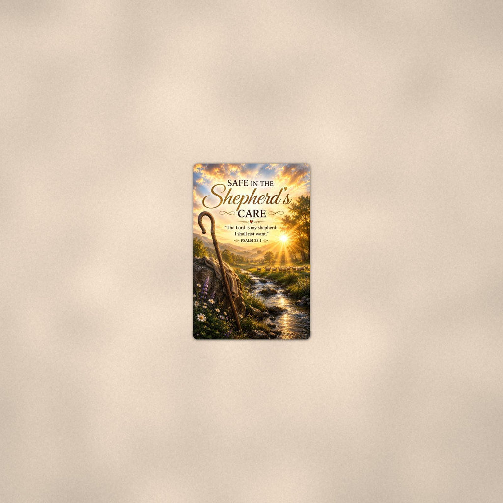 Shepherd's crook watching over a peaceful flock memorial art titled "Safe in the Shepherd's Care" on a 8x12 inch sublimated aluminum sign with rounded corners and mounting holes, seen from farther back, small on a softly lit wall