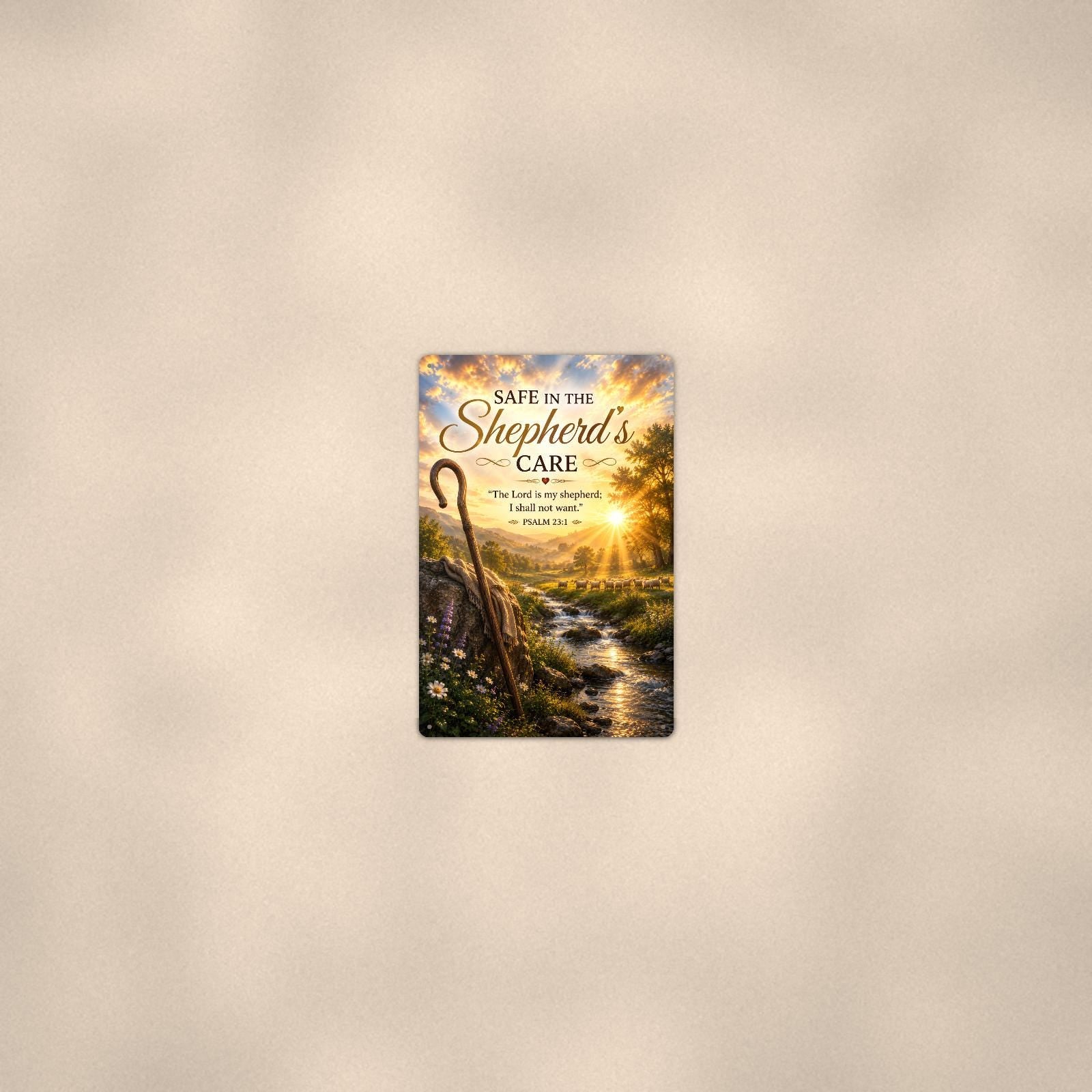 Shepherd's crook watching over a peaceful flock memorial art titled "Safe in the Shepherd's Care" on a 8x12 inch sublimated aluminum sign with rounded corners and mounting holes, seen from farther back, small on a softly lit wall
