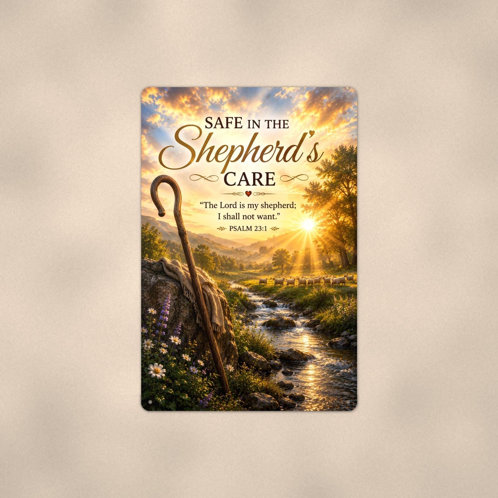 Shepherd's crook watching over a peaceful flock memorial art titled "Safe in the Shepherd's Care" on a 8x12 inch sublimated aluminum sign with rounded corners and mounting holes, shown straight on against a second warm wall tone