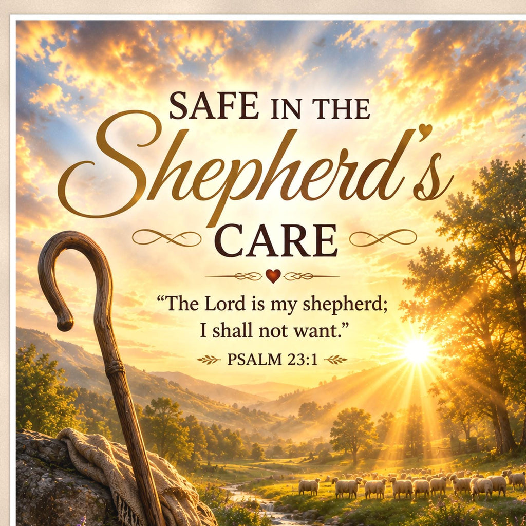 Shepherd's crook watching over a peaceful flock memorial art titled "Safe in the Shepherd's Care" on a 24x36 inch luster poster print with a clean white border, close-up detail of the print filling the frame