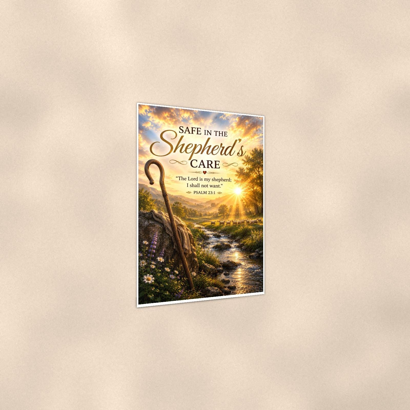 Shepherd's crook watching over a peaceful flock memorial art titled "Safe in the Shepherd's Care" on a 24x36 inch luster poster print with a clean white border, shown at a three-quarter angle on the wall