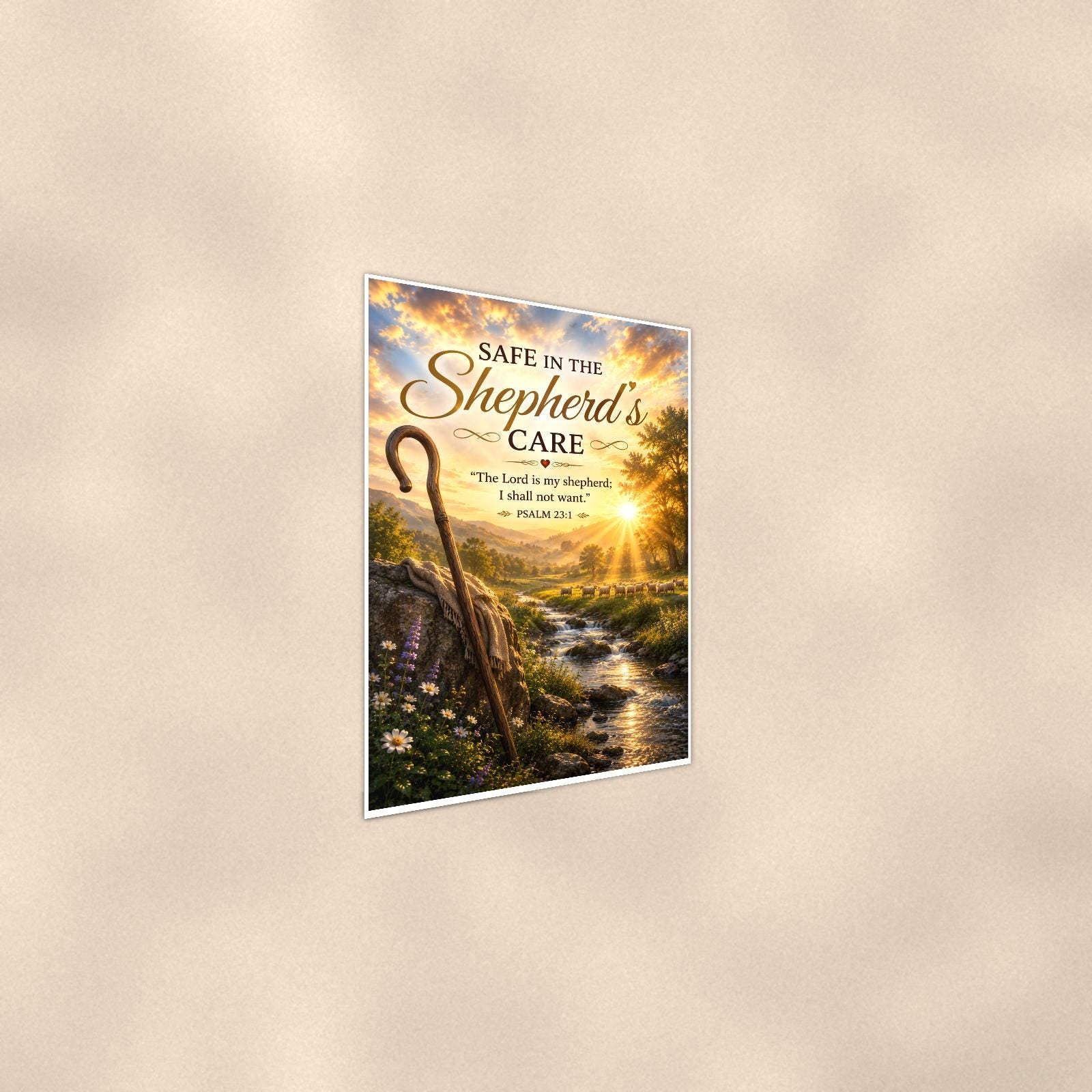 Shepherd's crook watching over a peaceful flock memorial art titled "Safe in the Shepherd's Care" on a 24x36 inch luster poster print with a clean white border, shown at a gentle angle from the other side