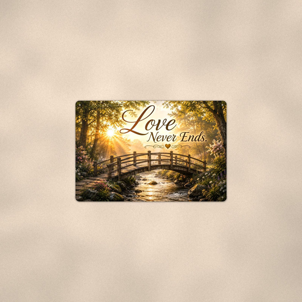 Wooden footbridge at sunrise memorial art titled "Love Never Ends" on a 12x8 inch sublimated aluminum sign with rounded corners and mounting holes, shown at mid-distance centered on a warm wall