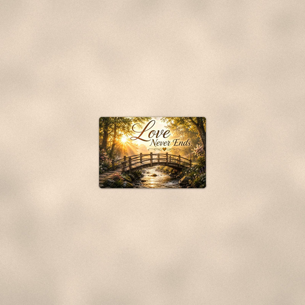 Wooden footbridge at sunrise memorial art titled "Love Never Ends" on a 12x8 inch sublimated aluminum sign with rounded corners and mounting holes, seen from farther back, small on a softly lit wall