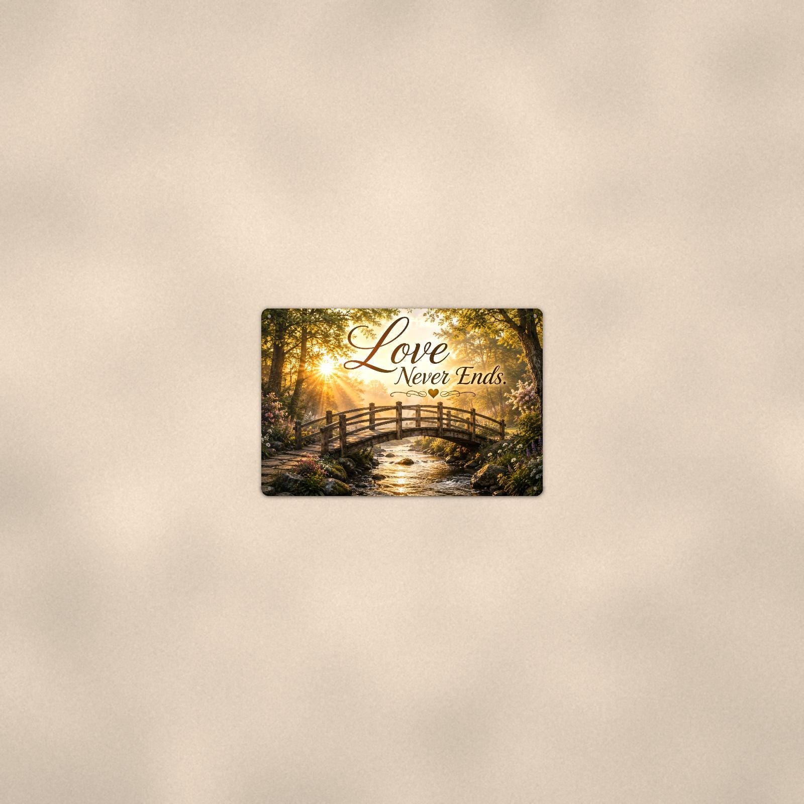 Wooden footbridge at sunrise memorial art titled "Love Never Ends" on a 12x8 inch sublimated aluminum sign with rounded corners and mounting holes, seen from farther back, small on a softly lit wall