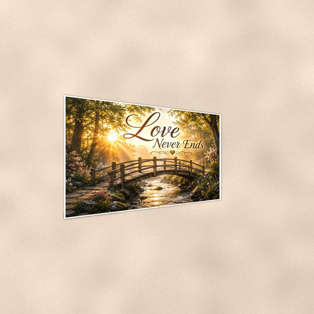 Wooden footbridge at sunrise memorial art titled "Love Never Ends" on a 36x24 inch luster poster print with a clean white border, shown at a gentle angle from the other side