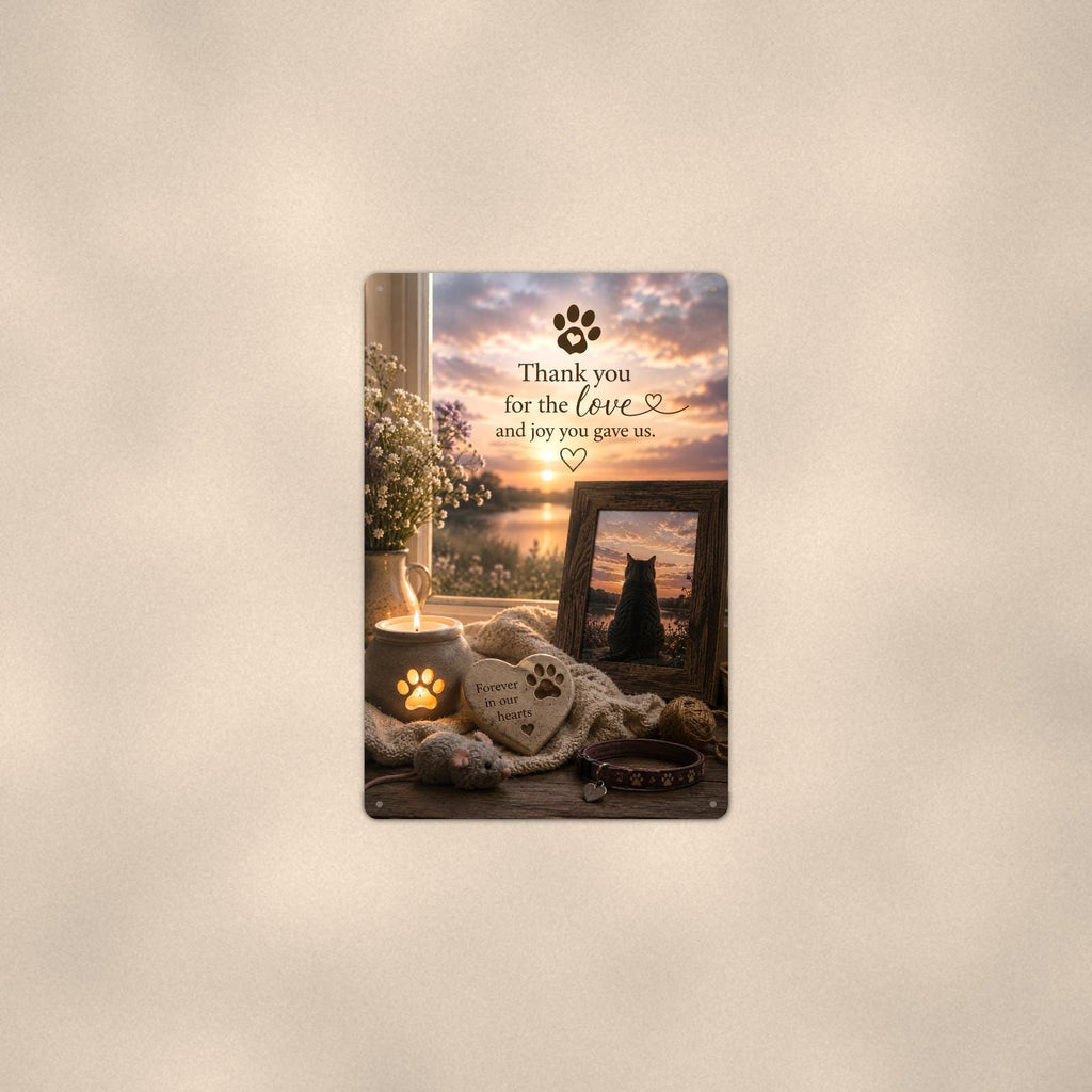 Cat memorial with framed sunset photo memorial art titled "Thank you for the love and joy you gave us" on a 8x12 inch sublimated aluminum sign with rounded corners and mounting holes, shown at mid-distance centered on a warm wall