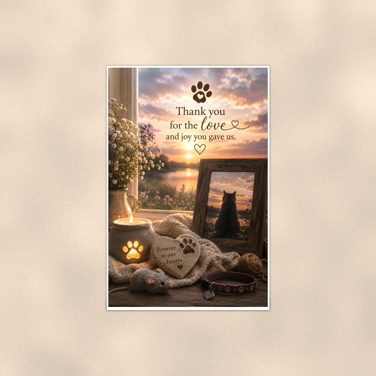 Cat memorial with framed sunset photo memorial art titled "Thank you for the love and joy you gave us" on a 24x36 inch luster poster print with a clean white border, shown straight on against a warm neutral wall