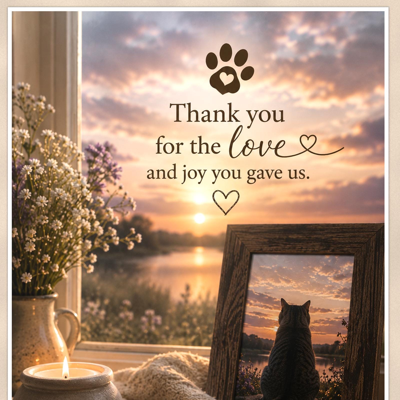 Cat memorial with framed sunset photo memorial art titled "Thank you for the love and joy you gave us" on a 24x36 inch luster poster print with a clean white border, close-up detail of the print filling the frame