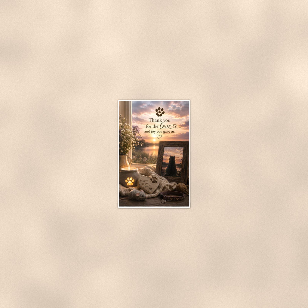 Cat memorial with framed sunset photo memorial art titled "Thank you for the love and joy you gave us" on a 24x36 inch luster poster print with a clean white border, seen from farther back, small on a softly lit wall