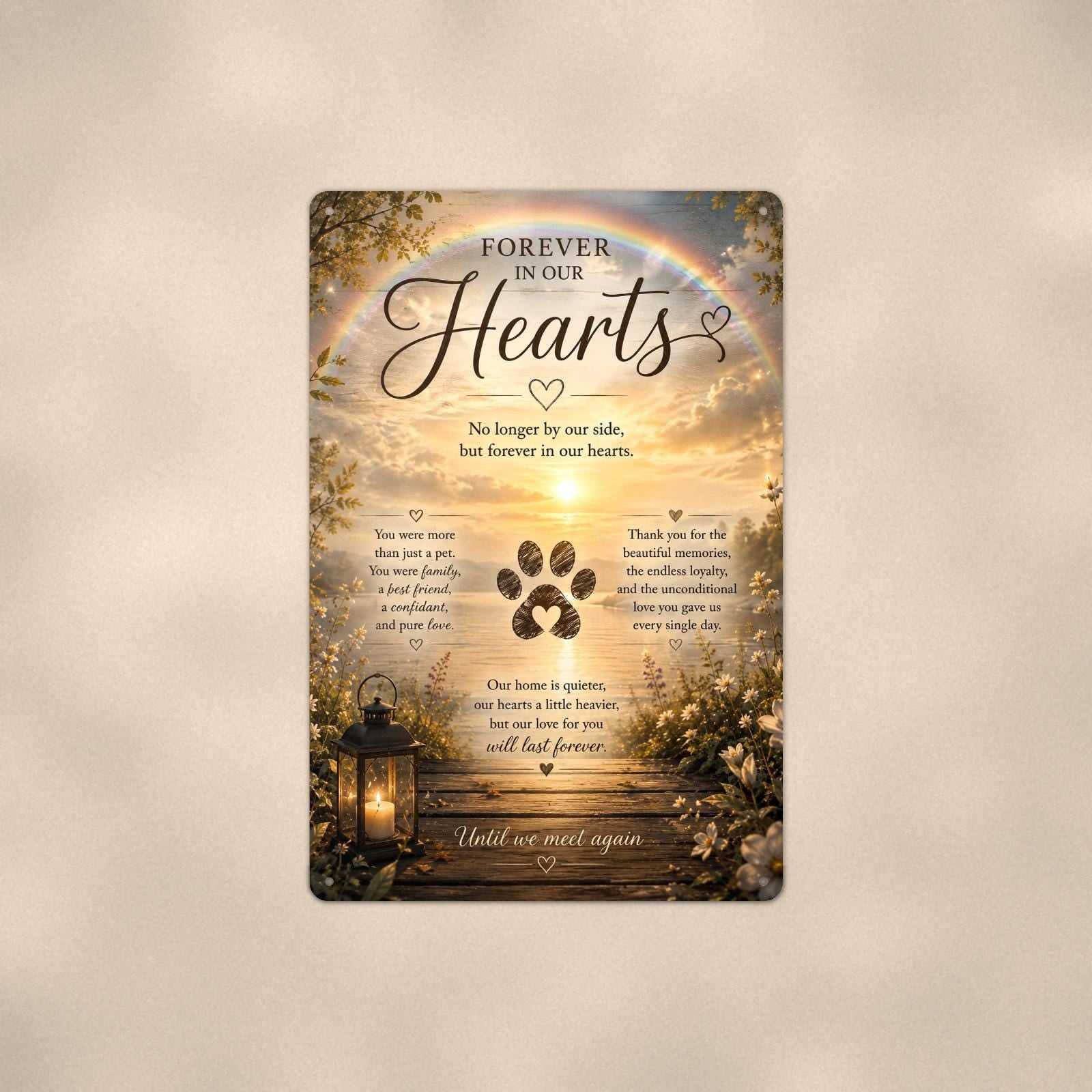 Rainbow over a sunset lake with a paw print memorial art titled "Forever In Our Hearts" on a 8x12 inch sublimated aluminum sign with rounded corners and mounting holes, shown straight on against a warm neutral wall
