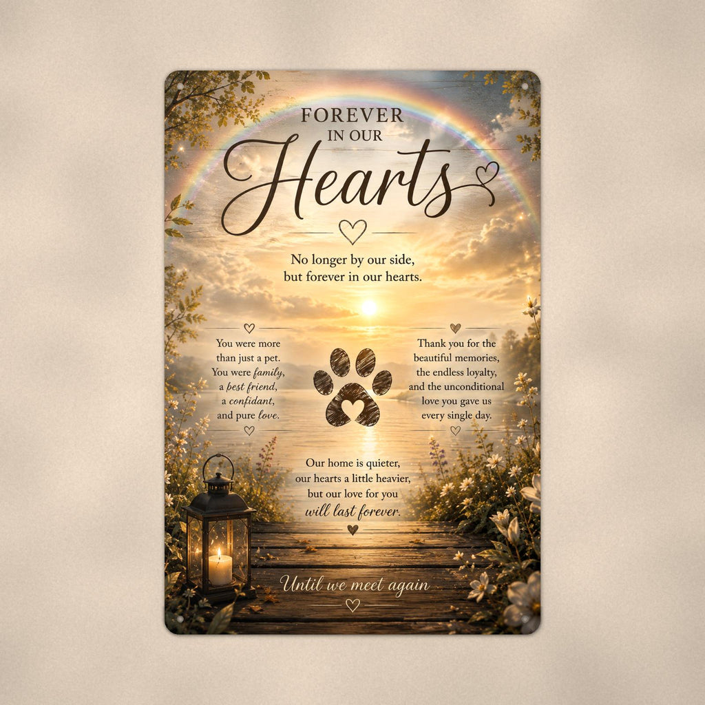 Rainbow over a sunset lake with a paw print memorial art titled "Forever In Our Hearts" on a 8x12 inch sublimated aluminum sign with rounded corners and mounting holes, close-up view filling the frame, showing the smooth sublimated print surface